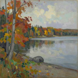lake nipissing in autumn by tom thomson, oil on canvas, expressionism,
