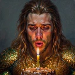 intricate five star portrait of aquaman in tears, emotional, blowing the candle at his birthday, oil on canvas, hdr, high detail, photo realistic, hyperrealism, matte finish, medium contrast, 3 d depth, centered, masterpiece, grainy, muted colors, enhanced light effect, enhanced eye detail, artstationhd