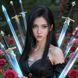 an elegant lady surrounded by holographic swords in a garden full of roses, final fantasy, cushart krenz, cushart krenz, goddess, unreal engine, very detailed, realistic face, detailed face, matte, tonemapping, perfection, 4 k
