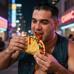 sumo wrestler eating crispy tacos with hot sauce, photo realism, bokeh background, neon lights, city background, high definition, slr