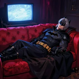a witcher batman lying on couch front of tv wearing a skirt, depressed, vibrant, life changing, dramatic, cinematic lighting, digital art, ultra sharp, extreme details