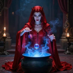 red sorceress, smokey, performing magic, blue cauldron, innocent sacrifice, balls