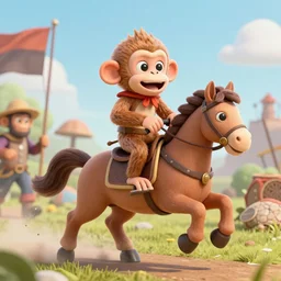 a silly monkey riding a horse into battle. 3d render.