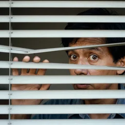 cropped zoom close-up of unexpected eye contact with a neighbor through their blinds, technicolor, telephoto, vintage