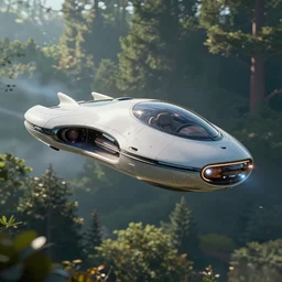 futuristic levitating luxury personal spaceship designed by apple flying over the forest art by greg rutkowski and paul ozzimo, epic fantasy sci - fi volumetric light clear focus detailed hypermaximalist raytracing unreal engine digital art trending on artstation deviantart octane render,