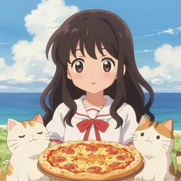 cute anime girl portrait, kyatto ninden teyandee, digital art, samurai pizza cats, warm azure tones, big clouds in the background, ocean