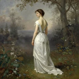 Albert Bierstadt's painting of an elegant, thin woman, back and standing, in a simple but beautiful dress, from the duchy of Lituania, on a misty forest