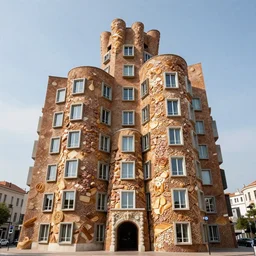 a towering impressive building made of bread, cheese, and lunchmeat, designed by frank gehry