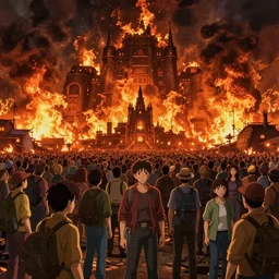 lots of people gathered like the borg, massive fires in the distance 4 k, ultra realistic, hdr, wide shot, metzae, uplight, digital art, highly saturated colors, concept art, detailed illustration, hd, 4 k, digital art, greg rutkowski, dan mumford, studio ghibli trending on artstation