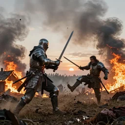 knights in battle, rough armor, swinging swords in battle, kicking, stabbing, fire, running, fear, sanguinary, flying mud, debris, dawn, hate, boots, smoke vorticies, fighting, field, burning houses, dead bodies, wet, dawn, cold breath, hyper realistic, high octane, hyper detailed, cinematic, wide angle