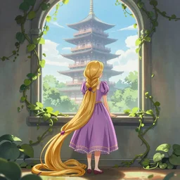 rapunzel letting down her hair, long hair down to the ground, facing out the window, tower, anime style, vines, vertical shot, digital art