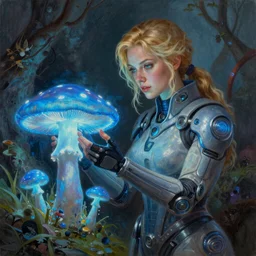 A mixed media portrait painting of a beautiful blonde biologist woman, futuristic biohazard suit, examining a giant blue glowing mushroom in a mire, detailed Aesthetic! face and eyes, slavic, by Beeple, Frank Frazetta, Greg Rutkowski, Christian MacNevin, Boris Vallejo, epic fantasy character art, high fantasy, CGsociety, exquisite detail, post-processing, masterpiece, cinematic