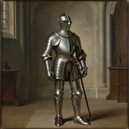 an oil painting of a knight wearing plate armor in a church, 4 k, highly detailed, painted by thomas cole