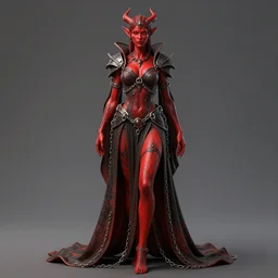 full length complex 3 d hyper realistic smooth ultra sharp render of a gorgeous!! chained warrior red skin robed princess demoness sorceress woman | beatiful demon girl | d & d, medieval, fantasy | intricate, high quality | art by oh jinwook + 吵 集 仁 儿 on artstaion + takeshi obata + alphonse mucha + wlop + artgerm