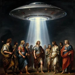 exodus from egypt, line of people led by flying saucer ufo column of light, soft grainy bloom lucid dream - like atmosphere, harsh flash photo, baroque portrait painting, perfect composition, detailed octane render trending on artstation, 8 k artistic photography, volumetric cinematic perfect light, chiaroscuro, masterpiece, raphael, caravaggio, beksinski, rutkowski, beeple