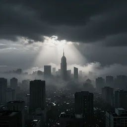 dark city in the sky with fog, realistic, dark, foggy
