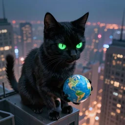 A sinister-looking black cat with glowing green eyes is perched atop a tall building, looking down at the city below with an expression of evil intent. In its paws it holds a miniature globe, symbolizing its ambition to rule the world.