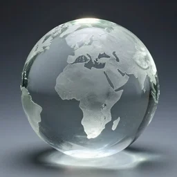 a transparent glass sculpture in the shape of the earth, volumetric lighting, f 8 aperture