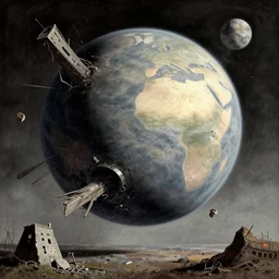 A planet being destroyed, style of beksinski