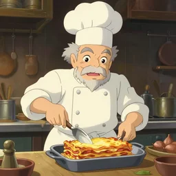 a wholesome animation key shot of a passionate elderly chef cooking a tasty lasagna in the kitchen, medium shot, waist up, studio Ghibli, Pixar and Disney animation, sharp, Rendered in Unreal Engine 5, anime key art by Greg Rutkowski, Bloom, dramatic lighting