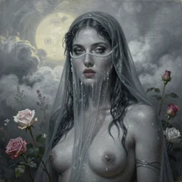 hyper realistic portrait painting of the goddess babalon wearing a face veil ( glistening, vixen, alluring, carnal ) wet, milk dripping, roses, wildflowers, clouds, nature, sunlight, by saturno butto, boris vallejo, austin osman spare and david kassan, by bussiere. occult art, occult diagram, grey, sensual color scheme
