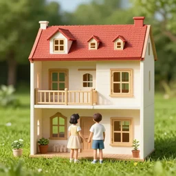 family in front of giant dollhouse on a grass field, matte painting, smooth, sharp focus, highly detailed, trending on artstation