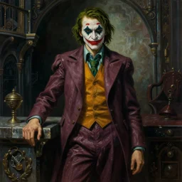 realistic renaissance full figure portrait painting of a lee bermejo joker in dark dungeon, jodhpurs greg manchess painting by sargent and leyendecker, studio ghibli, medium shot asymmetrical intricate elegant illustration hearthstone, by cristian sauret