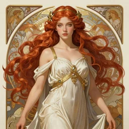 A gorgeous Greek Goddess with long flowing red hair, fantasy, intricate, elegant, highly detailed, D&D, digital painting, artstation, concept art, matte painting, sharp focus, illustration, in the style of Greg Rutkowski and Alphonse Mucha and artemisia gentileschi