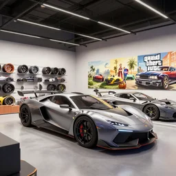 concept van in forza horizon, beamng, grand theft auto, need for speed. art by filip hodas and artgerm. store indoor, studio, showroom, dealership, indoor display, convention, exhibition. rhads. 3 d render, surrealism, hyperrealism.