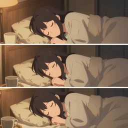 3 panel scene, storyboard anime girl sleeps snuggled up in a cozy room - dramatic cozy poster by wlop and okuda genso. wide angle lens. featured on pixiv, anime aesthetic. pixiv, warm aesthetic, rays of light, volumetric light, artstation, vanitas, official art, gothic, noise film photo. octane render, redshift render, ue 4
