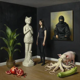realistic painting of a tidy female artist's apartment, black dripping walls, tall emo catgirl, stone sculpture, a pig, a ninja inside a painting on black walls, pomegranate, bromeliads, ivory, octopus, a courgette, 1 6 mm, berries, zen, sensual, surrealist painting by magritte and rousseau and monet