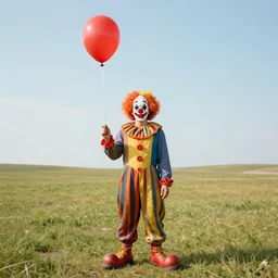 it the clown stand in the distance with a red balloon looking at the camera