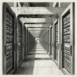 never ending hallway, corridor, brutalist concrete structure, relativity, lithograph, insanely detailed and intricate, data center, servers, manga, etching by giovanni battista piranesi, m. c. escher, gustave dore, tsutomu nihei, junji ito, kentaro miura, suguru tanaka