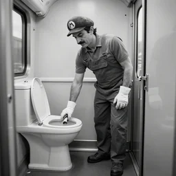 mario draghi dressed as a janitor cleaning a train toilet, realistic black and white full - length photo