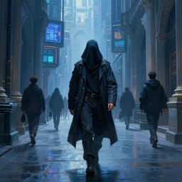 hyperrealistic and beautiful painting of a shrouded man walking through the alley way of a grand city, wanderers traveling from afar, man dressed in techwear, classical architecture, technological lights, screens, cyberpunk style, 8 k resolution, john smith and noriyoshi ohrai, polished, fine detail, intricate, blue color scheme, cyberpunk style, smooth, octane, concept art, artstation