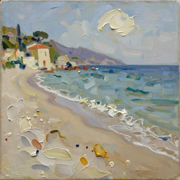 oil paint impasto relief, beautiful italian beach scene, multi layered thick brush marks, some splattered paint, in the style of lucian freud and frank auerbach