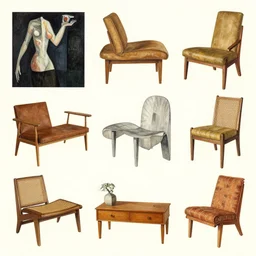 furniture designs in the style of modigliani, design sheet, Les Edwards, Zdzislaw Beksinski, Carl Gustav Carus, John Harris, Michal Karcz, Zhang Kechun, Mikko Lagerstedt, Scott Listfield, Steven Outram, Jessica Rossier.