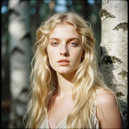 close up portrait of a goddess klotho in a birch tree forest, by trent parke, overexposed, old film overlay, artifacts