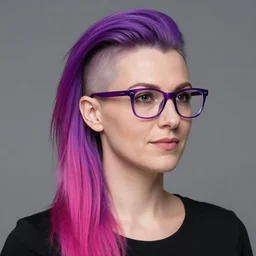hyper - realistic photo of a woman of german and english descent with purple and pink hair with an undercut, wearing purple glasses, age 5 3, 5 foot 4 inches, 2 5 0 lbs,