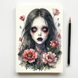 watercolor painting of new creepy book cover by dan brereton with flowers, hyper detailed, flash baked at 6 0 0 f