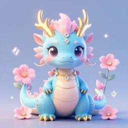 cute little dragon, flowers, neon blue, light pink, gold, diamonds, highly detailed, artgerm, cushart krenz, artstation, soft light, sharp focus, illustration, character design, concept art