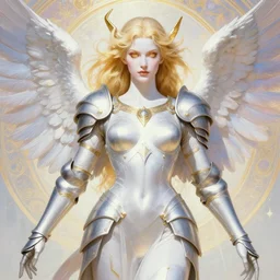 pin - up poster of a valkyrie, skintight heavy armor, wings, heroic, celestial - themed, white skin, golden hair, golden eyes, dnd, highly detailed, two arms, detailed face, smooth, sharp focus, pastel painting, by artgerm and greg rutkowski and alphonse mucha