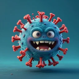 a full studio shot of a deadly virus as a pixar character against a dark cyan backdrop. it is sinister yet friendly.