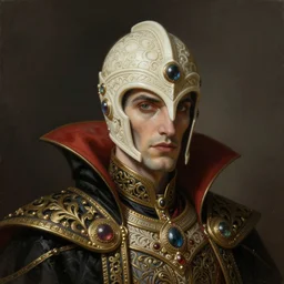 painted portrait of vampire wearing helmet made from ivory and intricate decorated with ornaments in unknown fantasy art style, upper body, fantasy intricate elegant extremely detailed digital painting trending artstation concept art sharp focus illustration art by gustave courbet greg rutkowski craig mullins