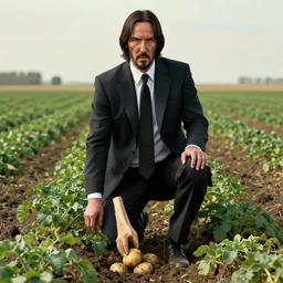 portrait of john wick farming potatoes in the field, digital art