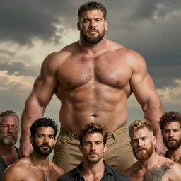 biggest, manliest, burliest man towering abover everyone other men, photography