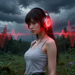portrait, girl with headphones in street fighter 4 art style, in a forest clearing, storm clouds, red glow melting up from the headphones, ethereal, thomas kinkade, sound waves, powerful zen composition, by takehiko inoue and ross tran, elegant, realistic