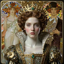 face centered portrait by james jean, beautiful young medieval queen by jean delville, iris van herpen, raymond swanland, and alphonse mucha, highly detailed, hyper - real, smooth polished porcelain, art nouveau, ornate gothic icon with heavy patina by gustav klimt, ultrasharp hyperdetailed photorealistic octane render