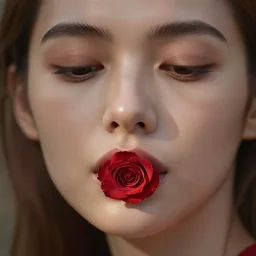 hight focus of a wonderful realistic sweet wonderful symmetrical profile portrait of a lady with a clear skin, with a rose in the center of her lips, dramatic light, cinematic, artstation, octane render 8 k s 1