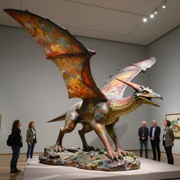 stunning intriguing polished massive sculpture of a mythic pterodactyl animal by beth cavener in a museum. painted color fading fradient. with help of ellen jewett, beth cavener, sayaka ganz, edouard martinet, john o'reilly and judith klausner